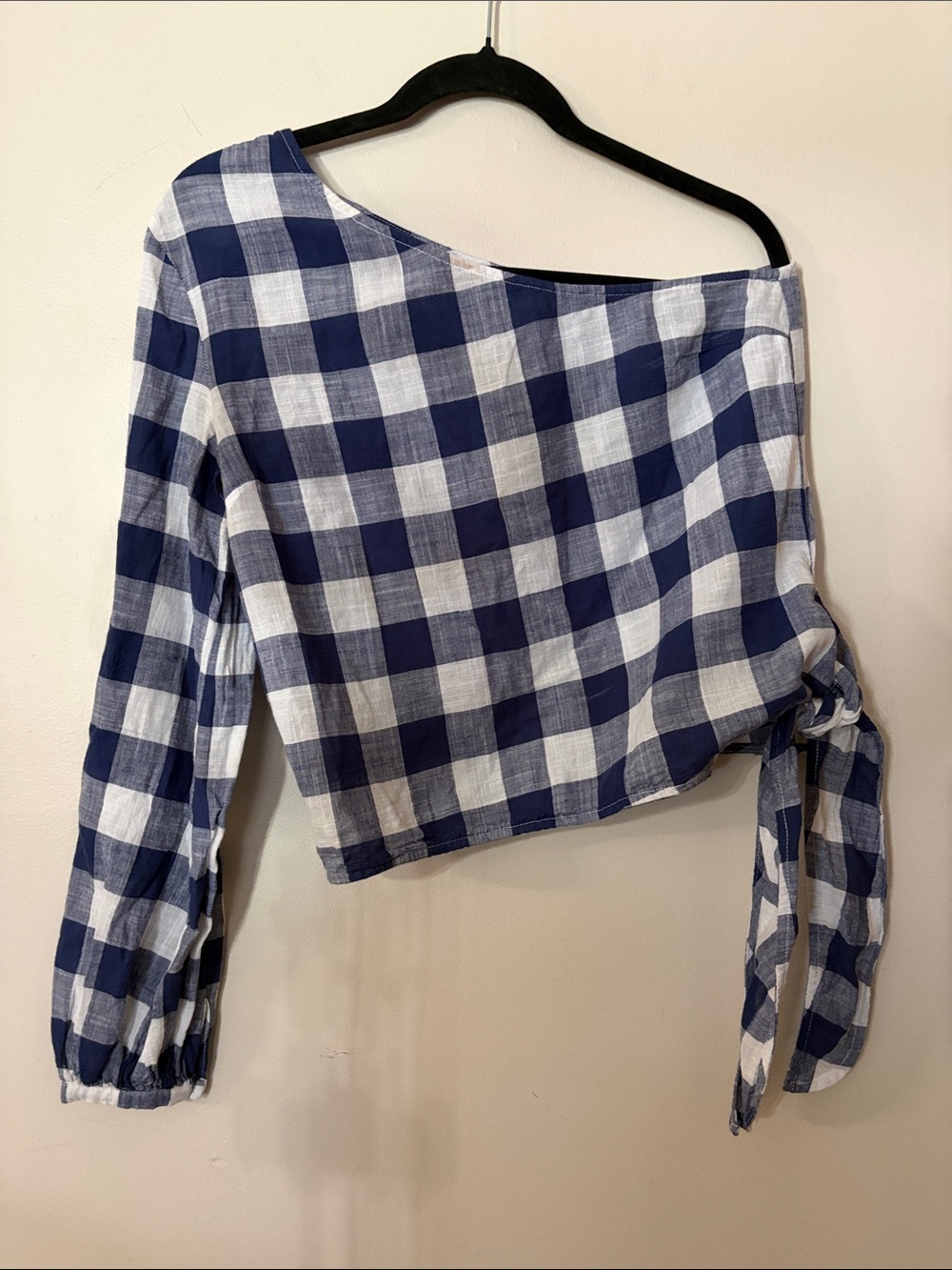 L'Academie Navy and White Gingham One-Shoulder Tie-Waist Top - Picture 2 of 4